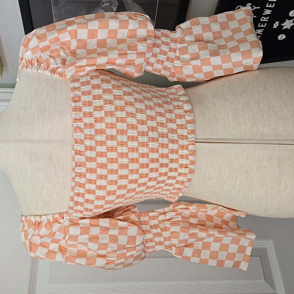 Wayf Checkered Women's Top In Peach & White Checkboard, NWOT - Picture 10 of 12